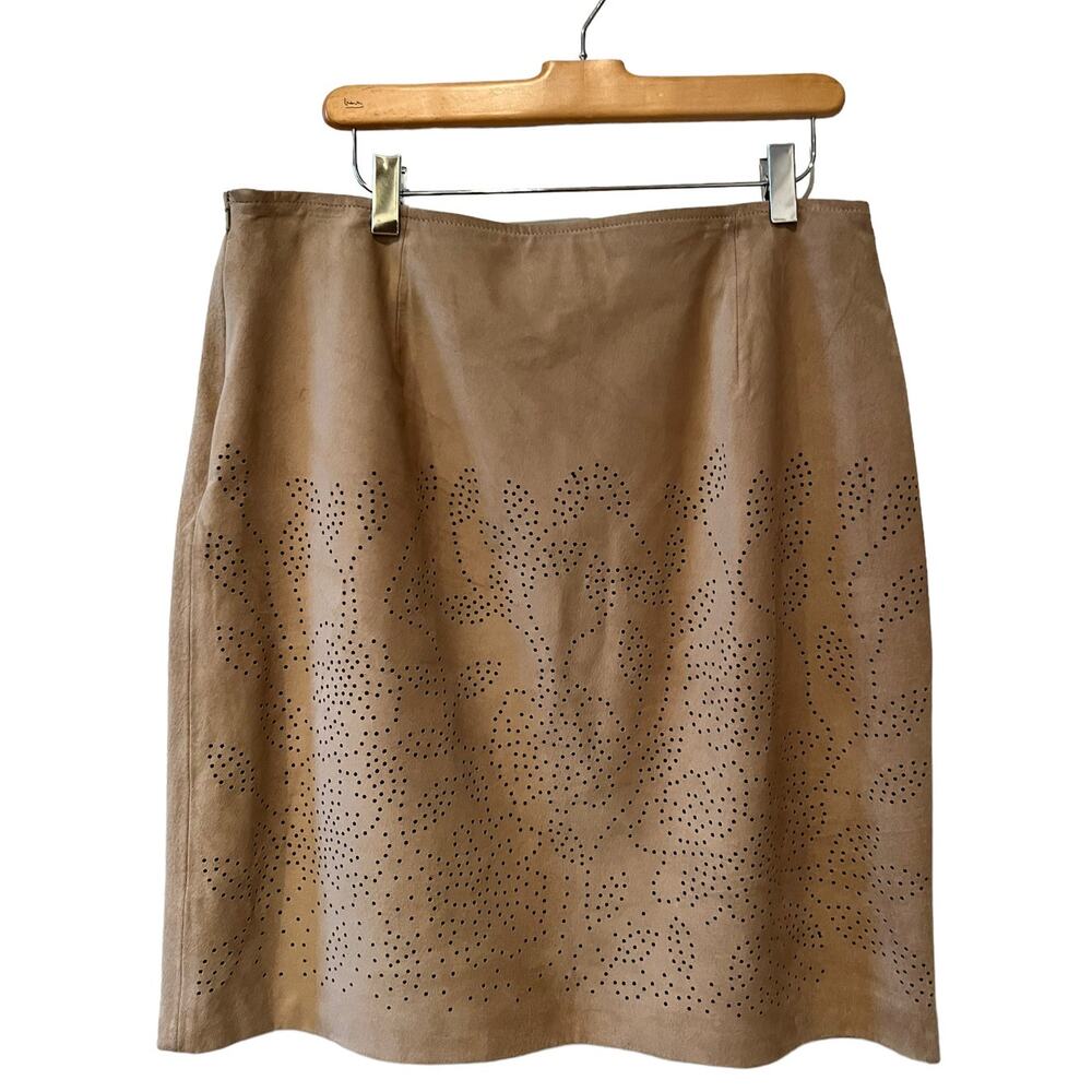 Rena Rowan Suede Skirt Tan Laser Cut Floral Print